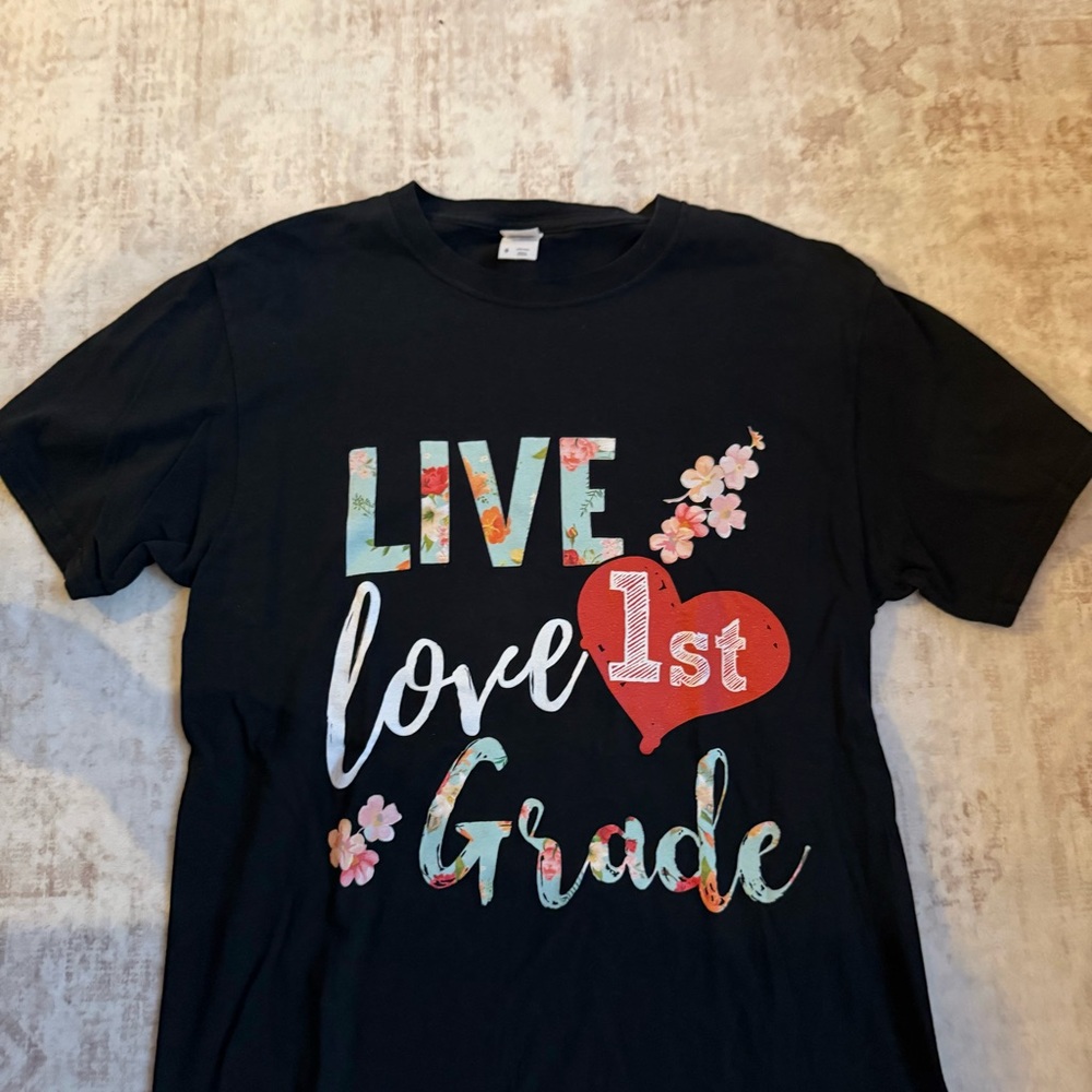 Fruit of the Loom Black Kids Tee with Floral "Live Love Grade" Graphic
